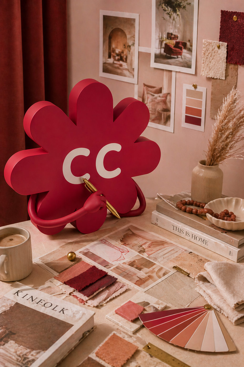 Cherry Crate mascot surrounded by mood board, fabric swatches, paint fan deck and vases