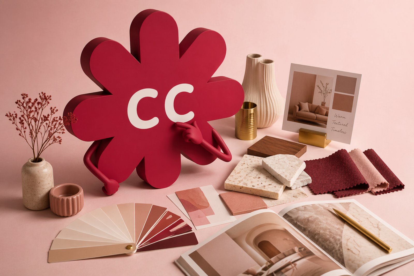 Cherry Crate mascot surrounded by mood board, fabric swatches, paint fan deck and vases