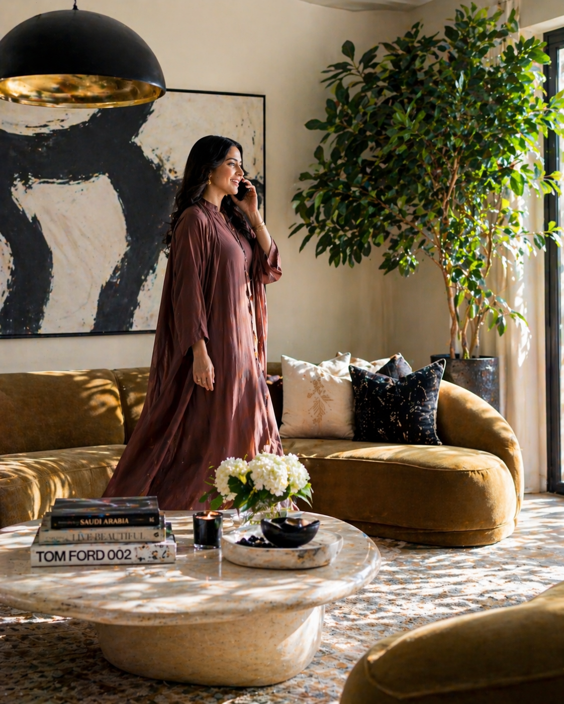 Designer in Saudi majlis with velvet sofa, terrazzo table, and ficus tree