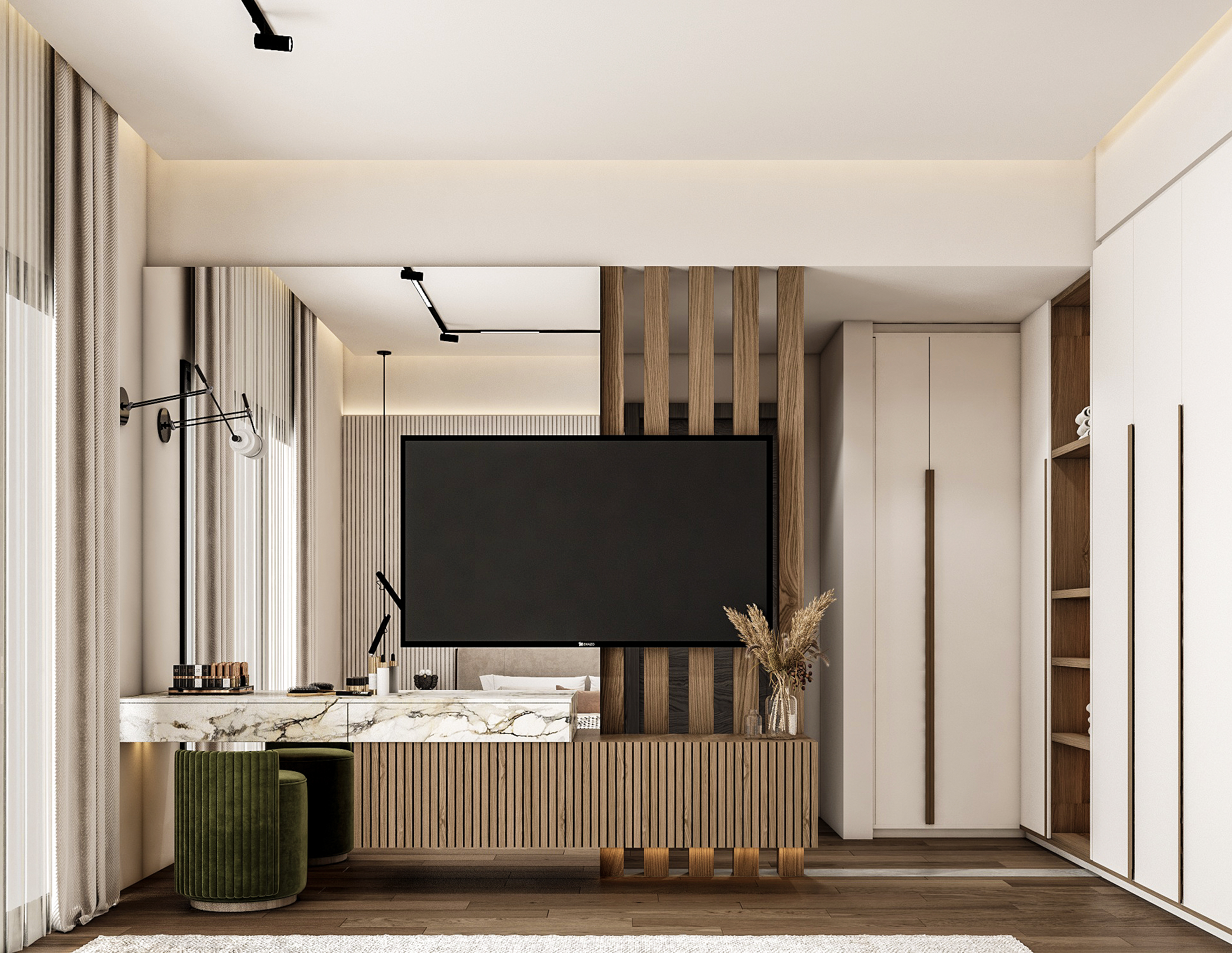 Vanity area with marble counter, green velvet stools, and timber TV partition