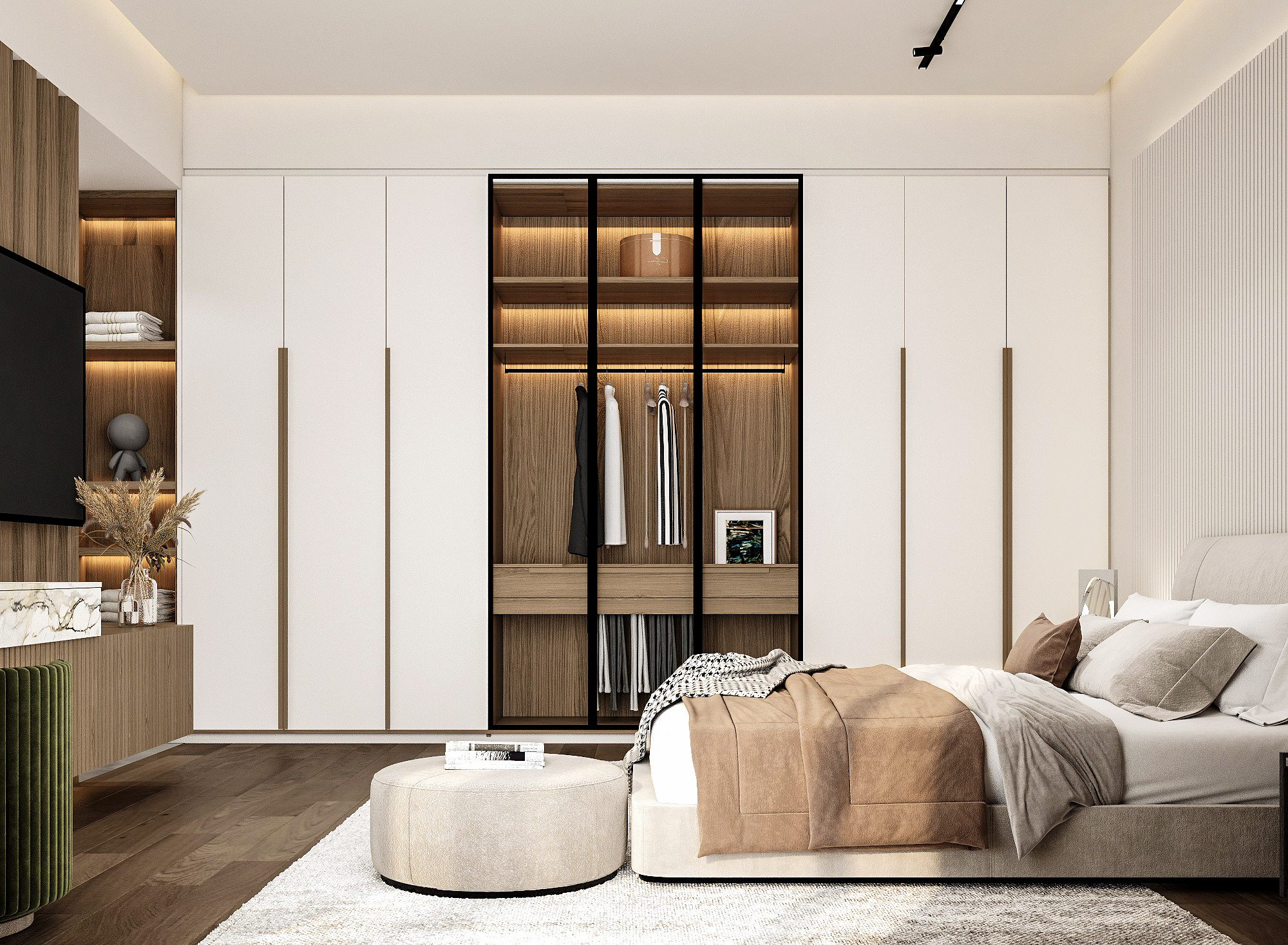Bedroom with glass-front wardrobe, green velvet accent, and warm timber joinery