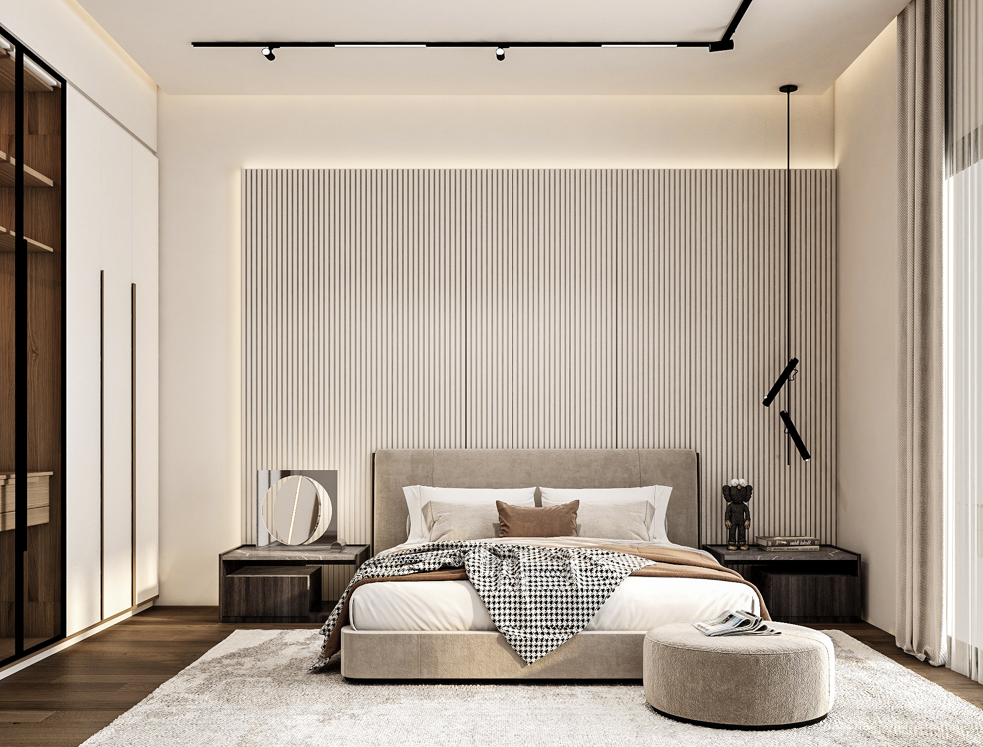 Master bedroom with fluted headboard feature wall, round mirror, and houndstooth throw