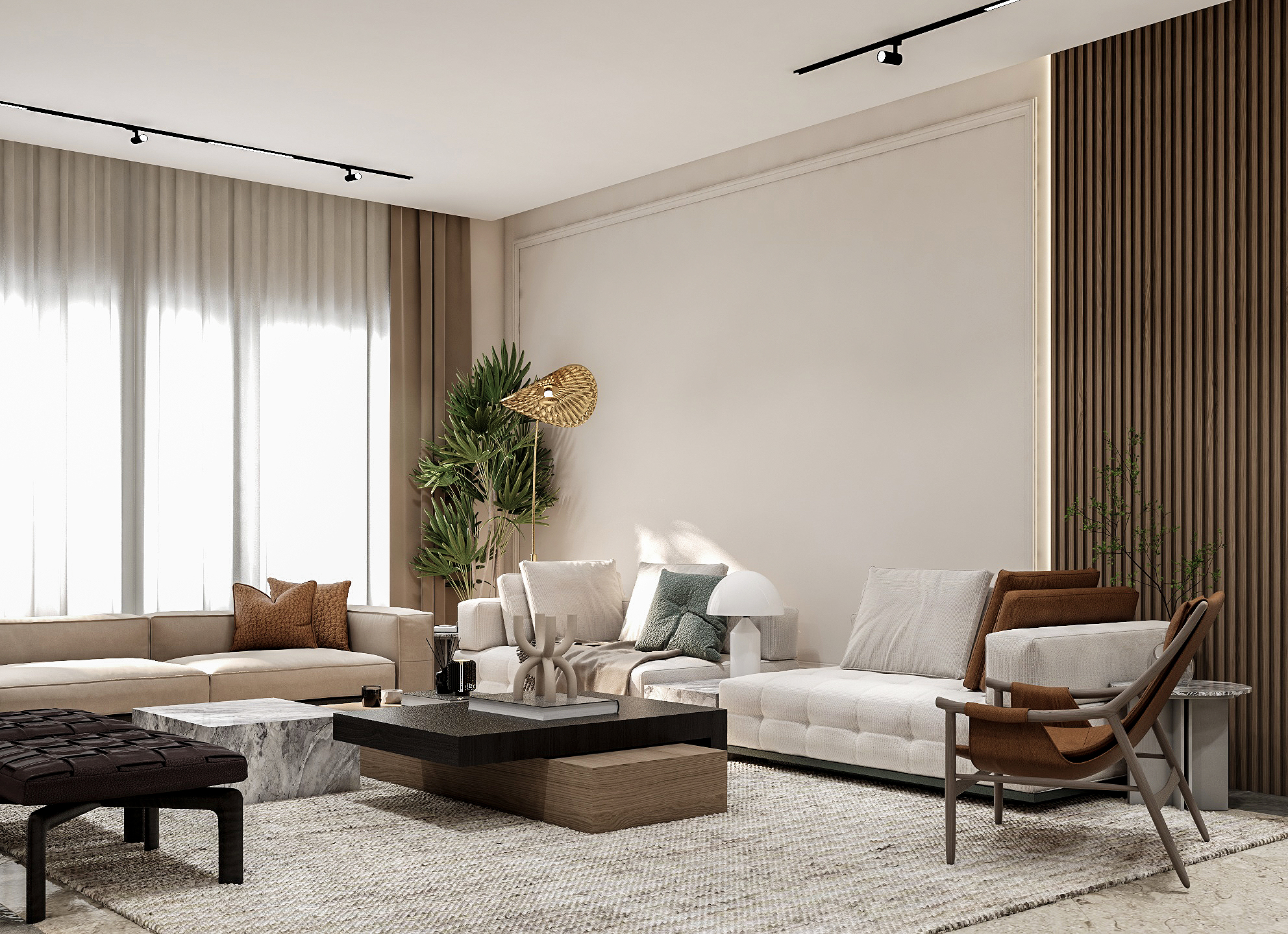 Private Residence — Riyadh living room with layered seating, marble tables, and gold sculptural floor lamp