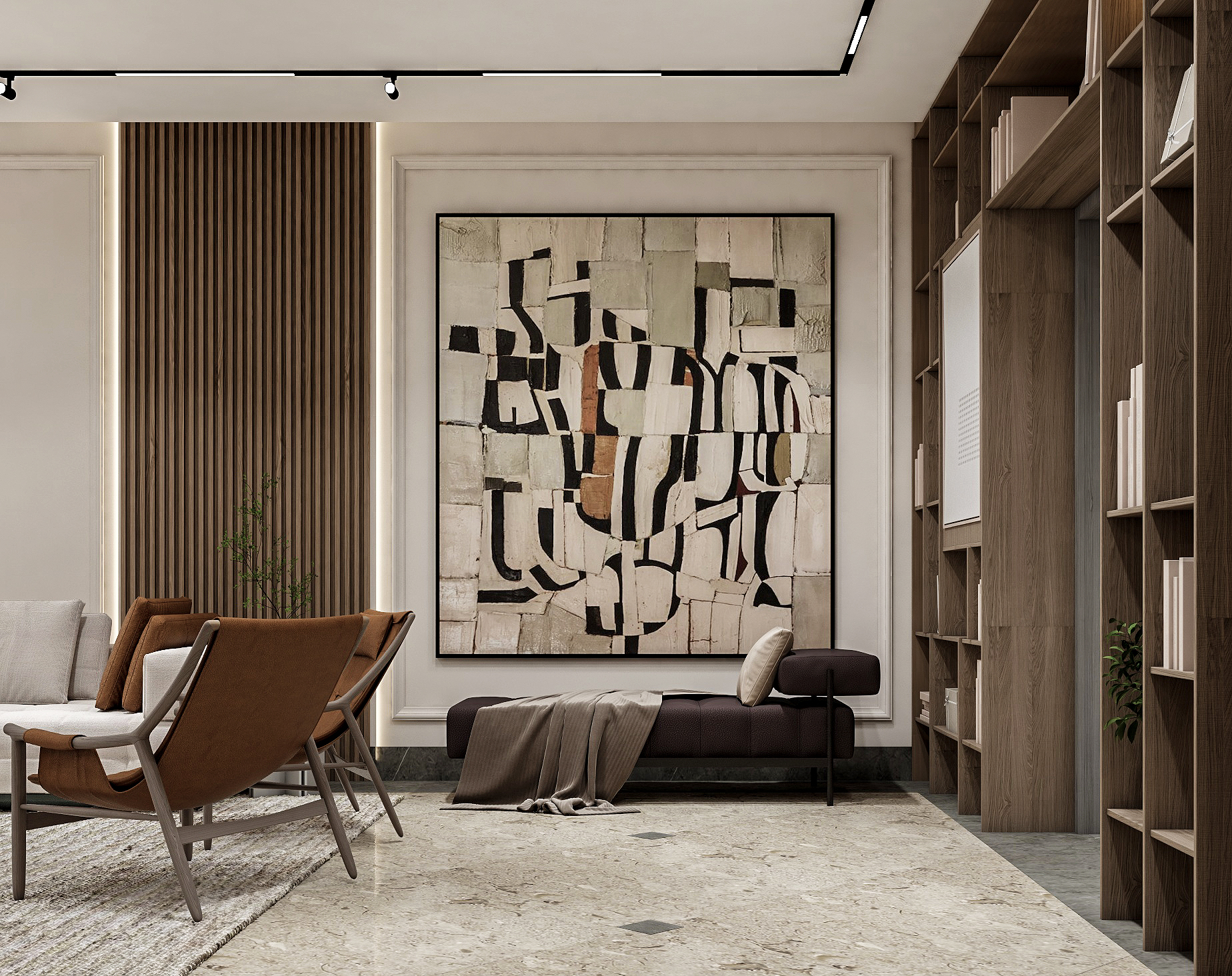 Seating nook with large abstract artwork and dark chaise