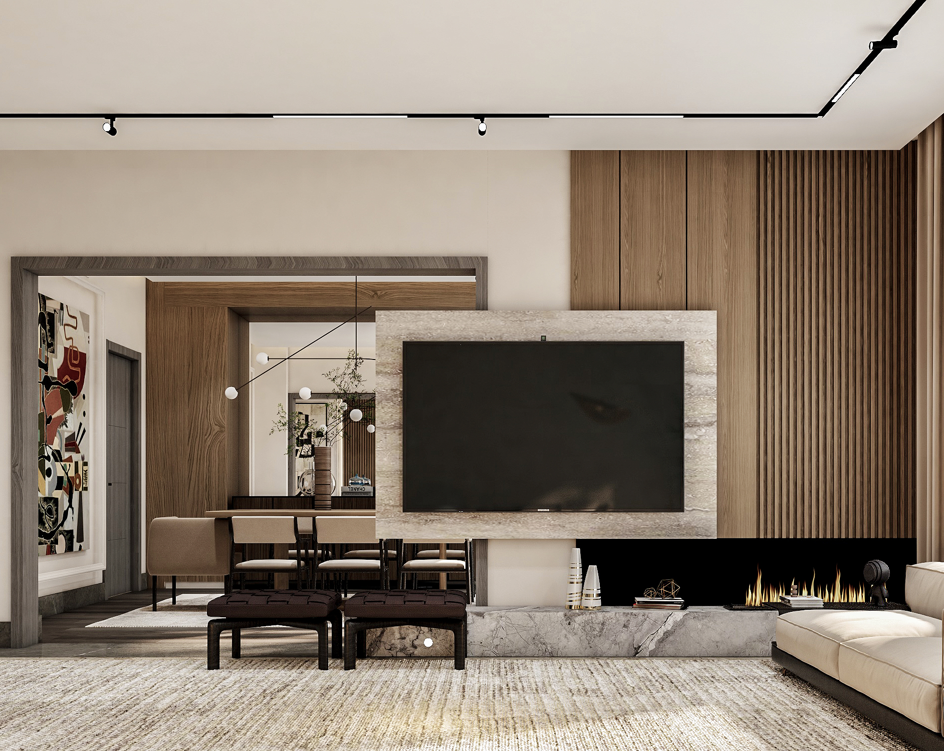 TV wall with travertine cladding, linear fireplace, and dining area beyond