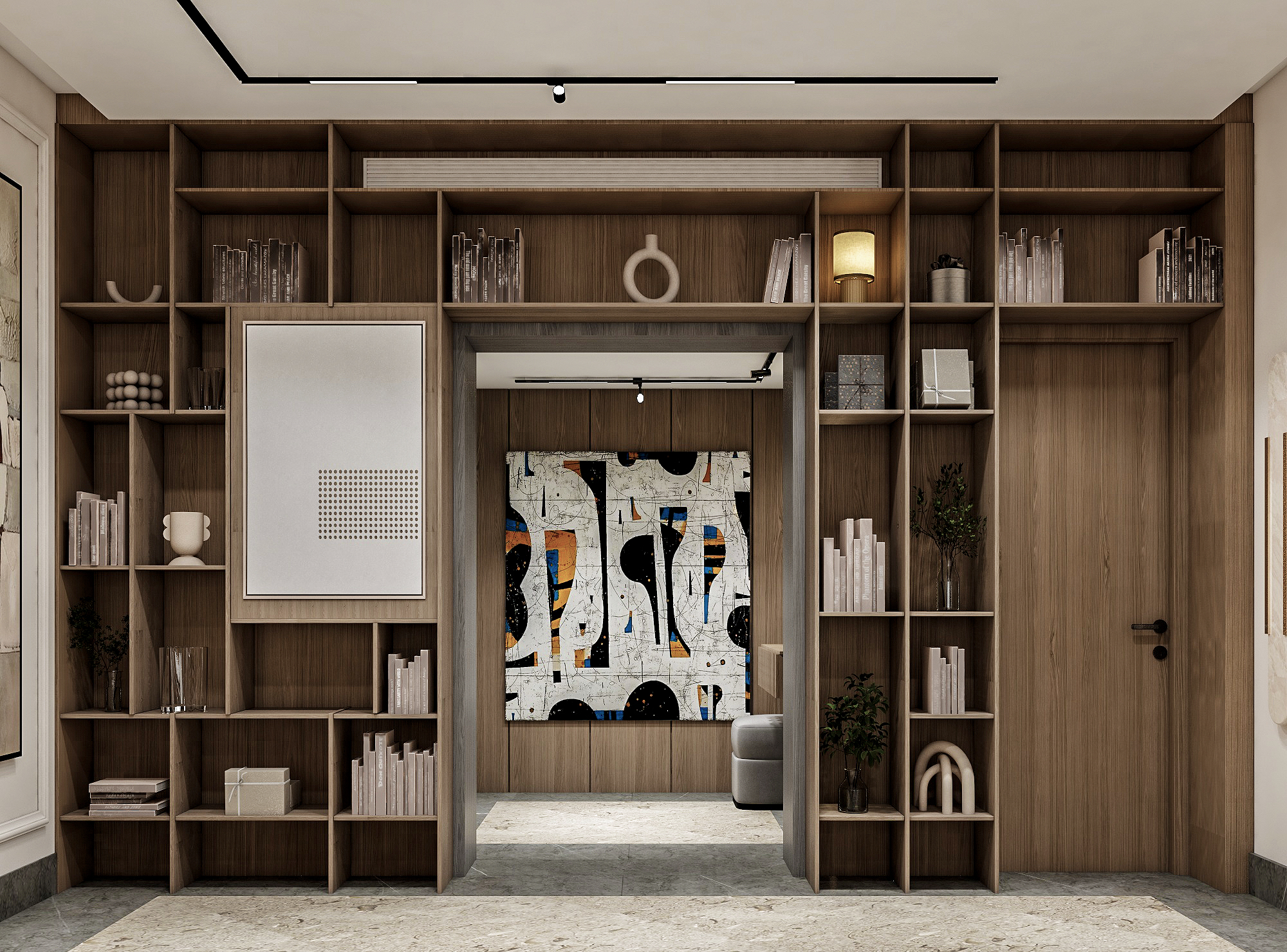 Full timber library wall with shelving and doorway