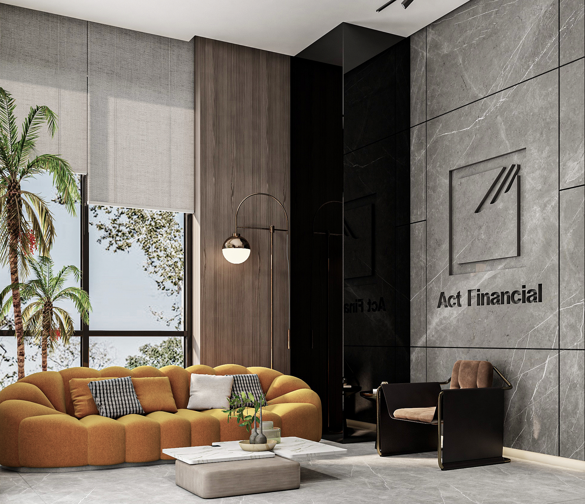 Act Financial HQ — branded marble reception with mustard bubble sofa and palm trees