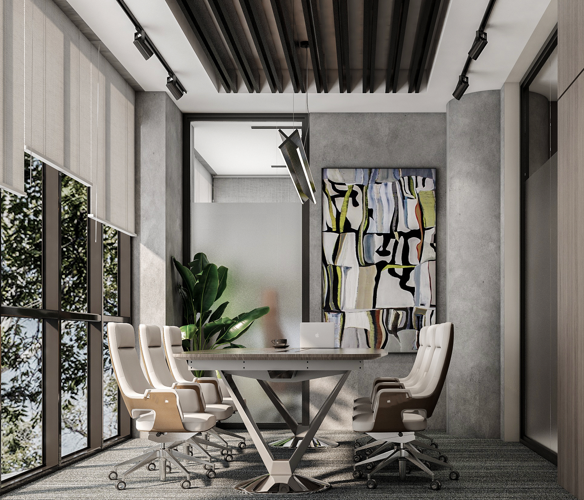 Act Financial — meeting room with oval table, white executive chairs, and abstract artwork