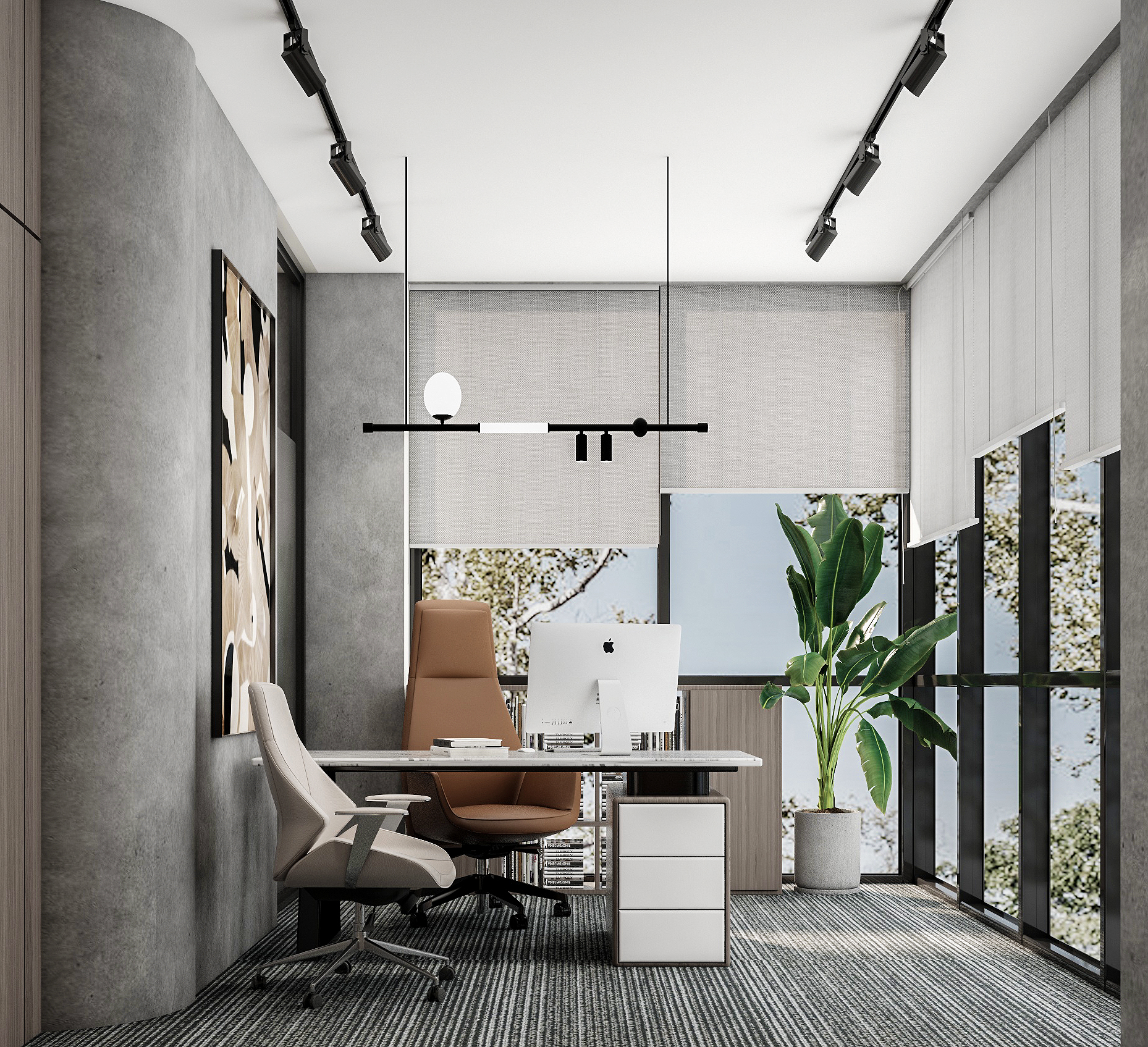 Act Financial — executive office with marble desk, banana plant, and abstract artwork