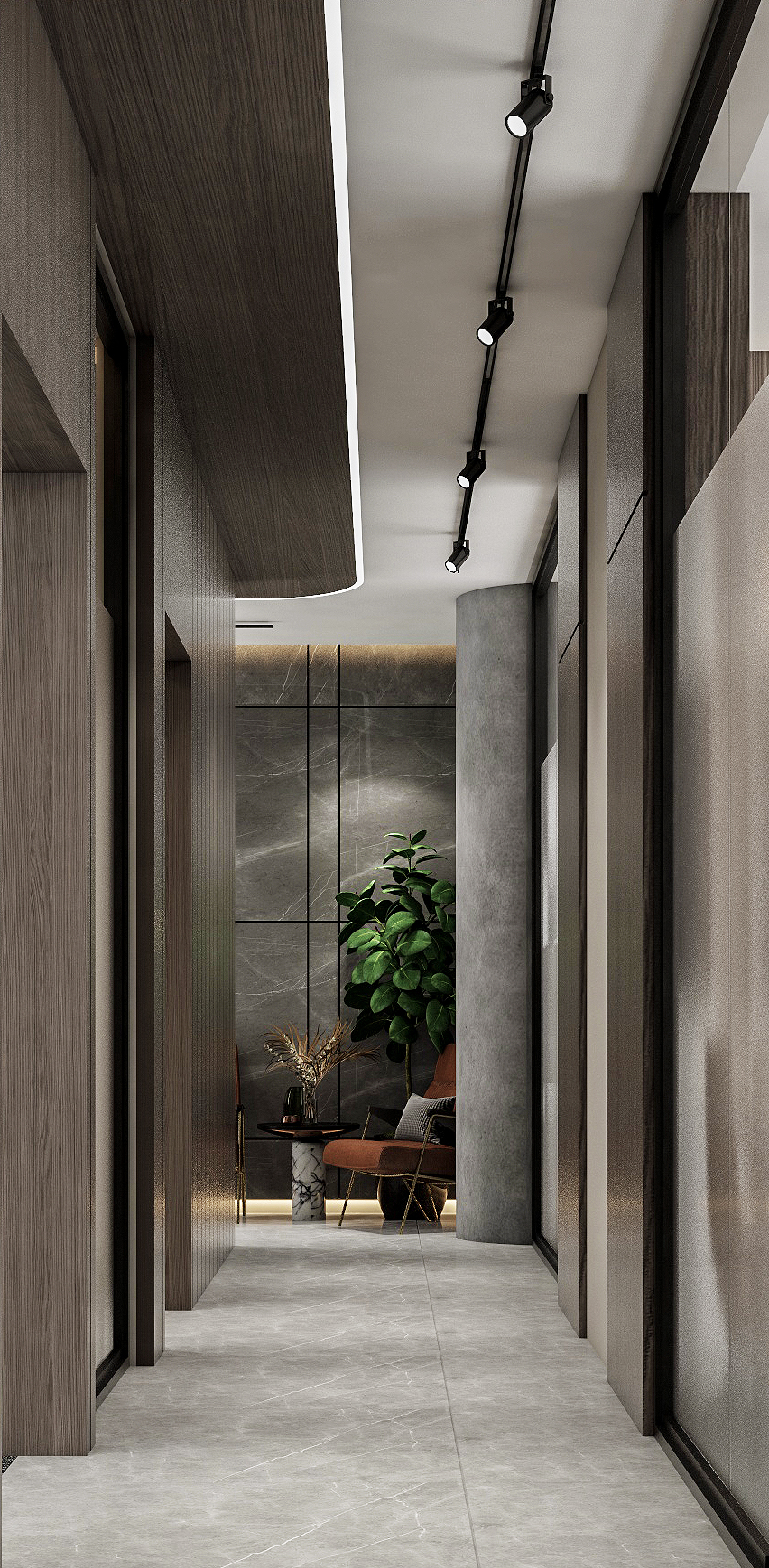 Act Financial — corridor leading to a dark marble feature wall with orange lounge chair and fiddle-leaf plant