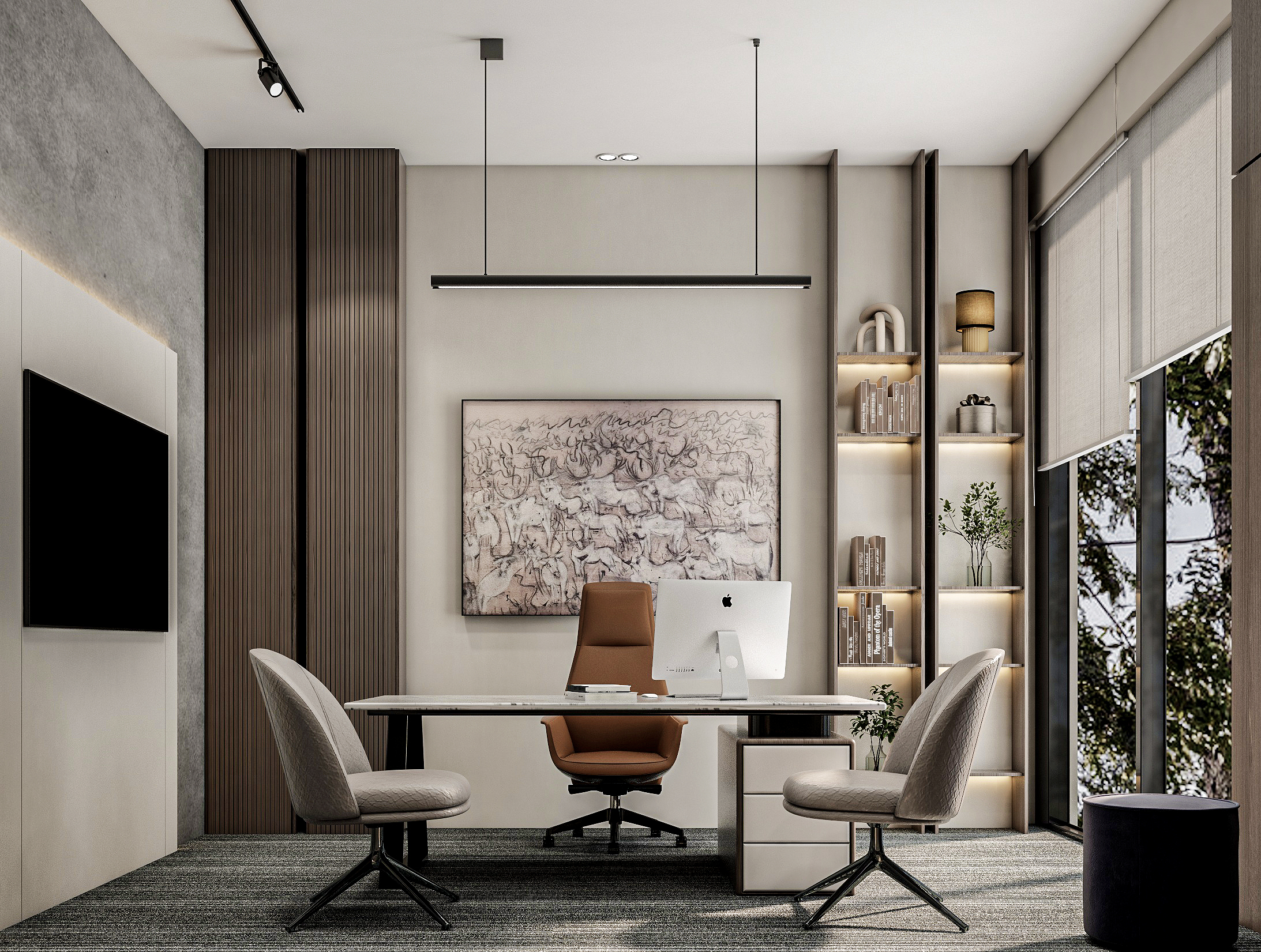 Act Financial — executive office with framed artwork, lit timber bookshelf, and tan leather chair