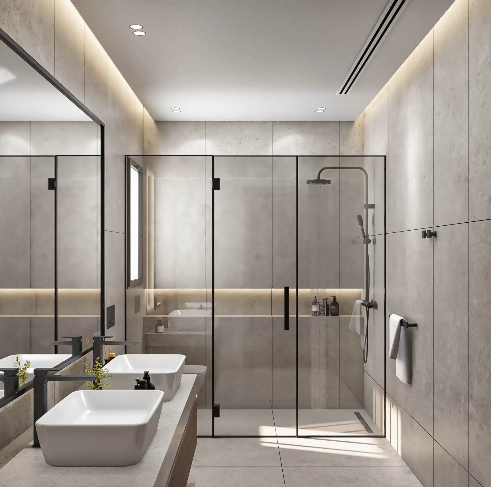 Second bathroom with black-framed glass shower and twin basins
