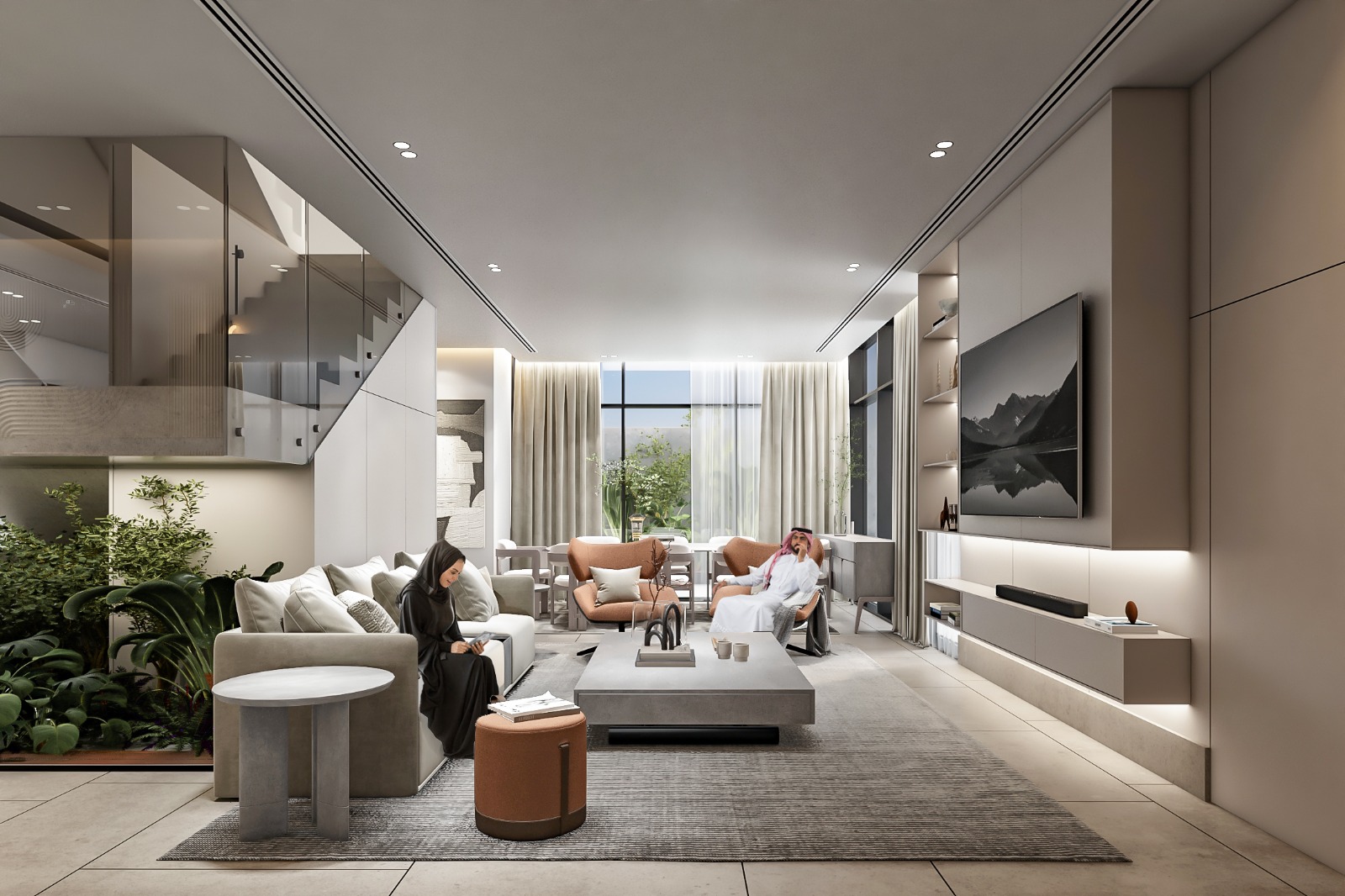 Residential Development — open living and dining space with TV wall and green courtyard view