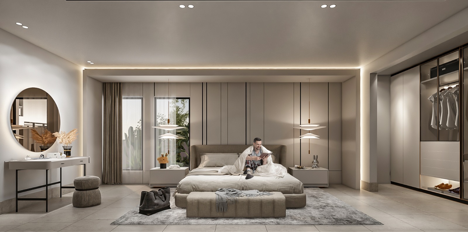 Master bedroom with panelled headboard wall, round mirror vanity, and pendant lights