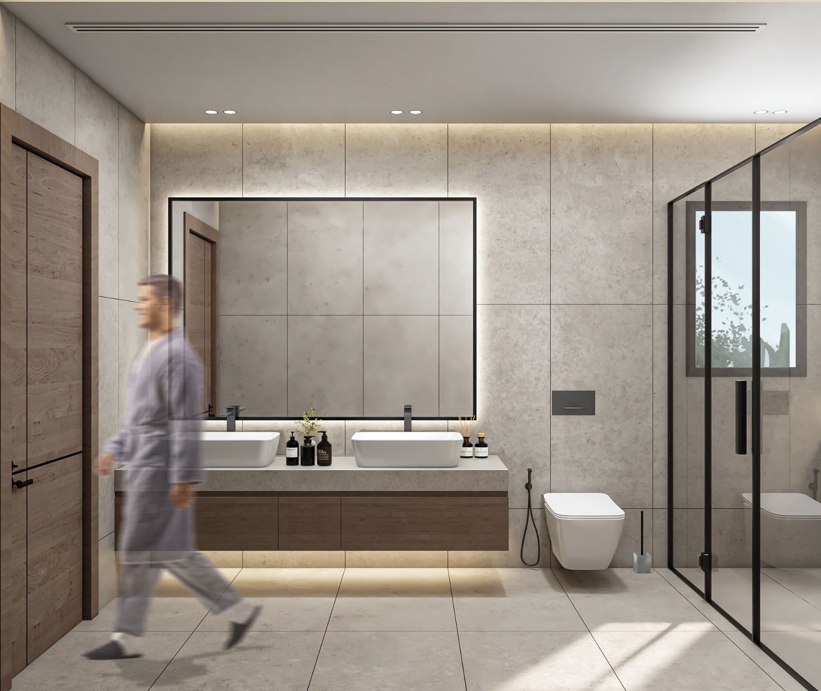 Bathroom with double vanity, backlit mirror, and stone-clad walls