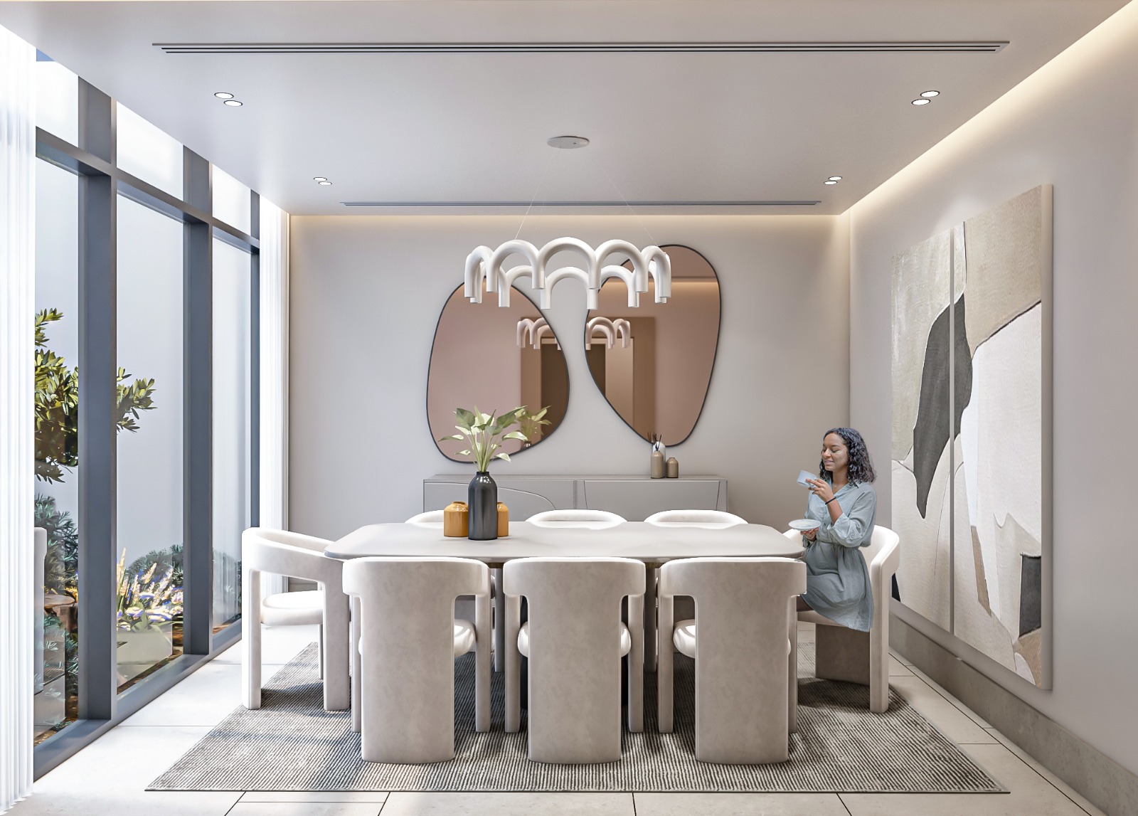 Dining room with sculptural arch chandelier and organic-shaped mirrors