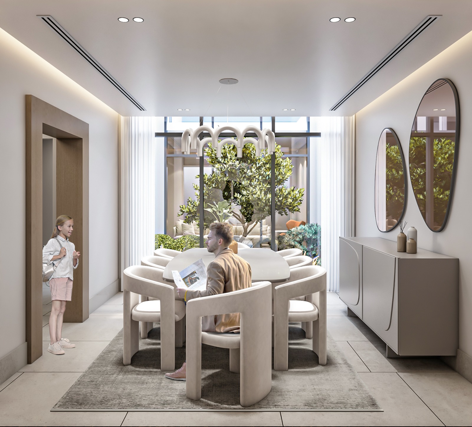 Dining area viewed toward the olive tree courtyard with oval mirrors