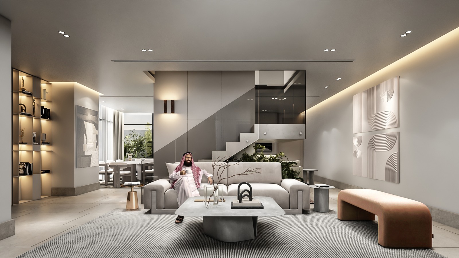 Double-height living room with glass-balustrade staircase, pale sofa, and terracotta curved bench